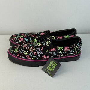 M7.5, W9 - Vans Slip-On Glow In The Dark Black Neon Lights Emoji Skate Shoes